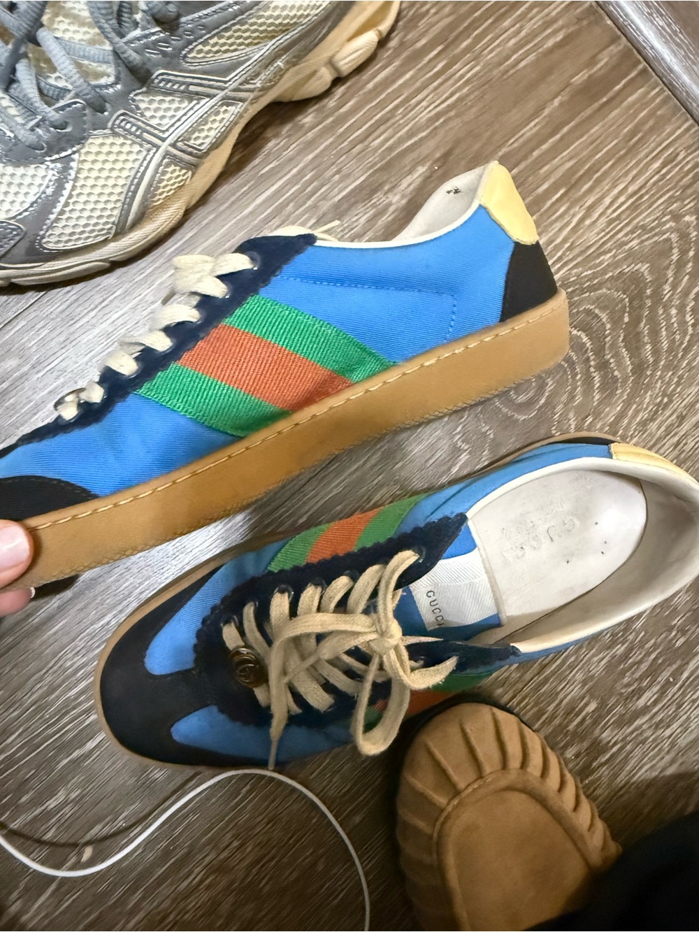 Gucci Men's Blue Canvas Sneaker with Green & Orange Stripe